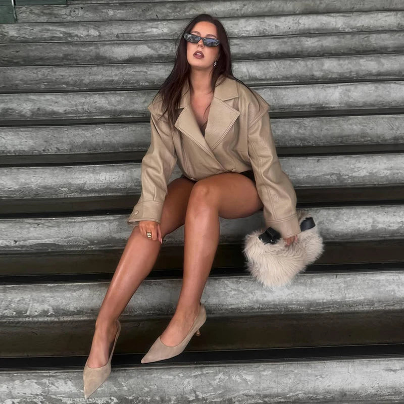 Casual Solid Pu Jackets Women Fashion Loose Khaki Lapel Double Breasted Leather Coat Female 2026 Autumn Lady Outwears Chic