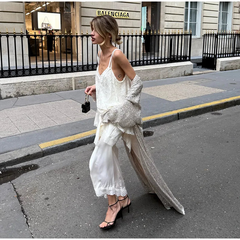 2026 Autumn Sequined Women Long Jacket Urban Full Sleeve Lining Pleated V-neck Cardigan Female Streetwear Fashion Lady Outwear