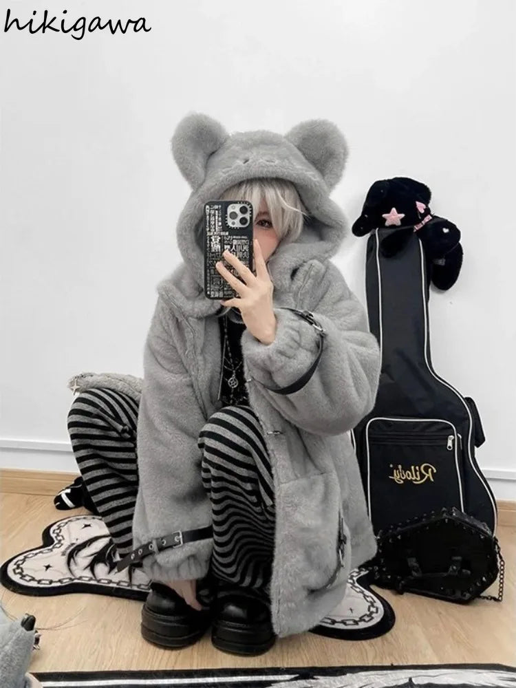 Women's Mouse Ear Hooded Faux Fur Coat