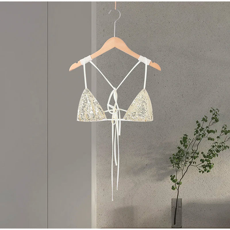 Women's Sequin Halter Top and Wide Leg Pants Set