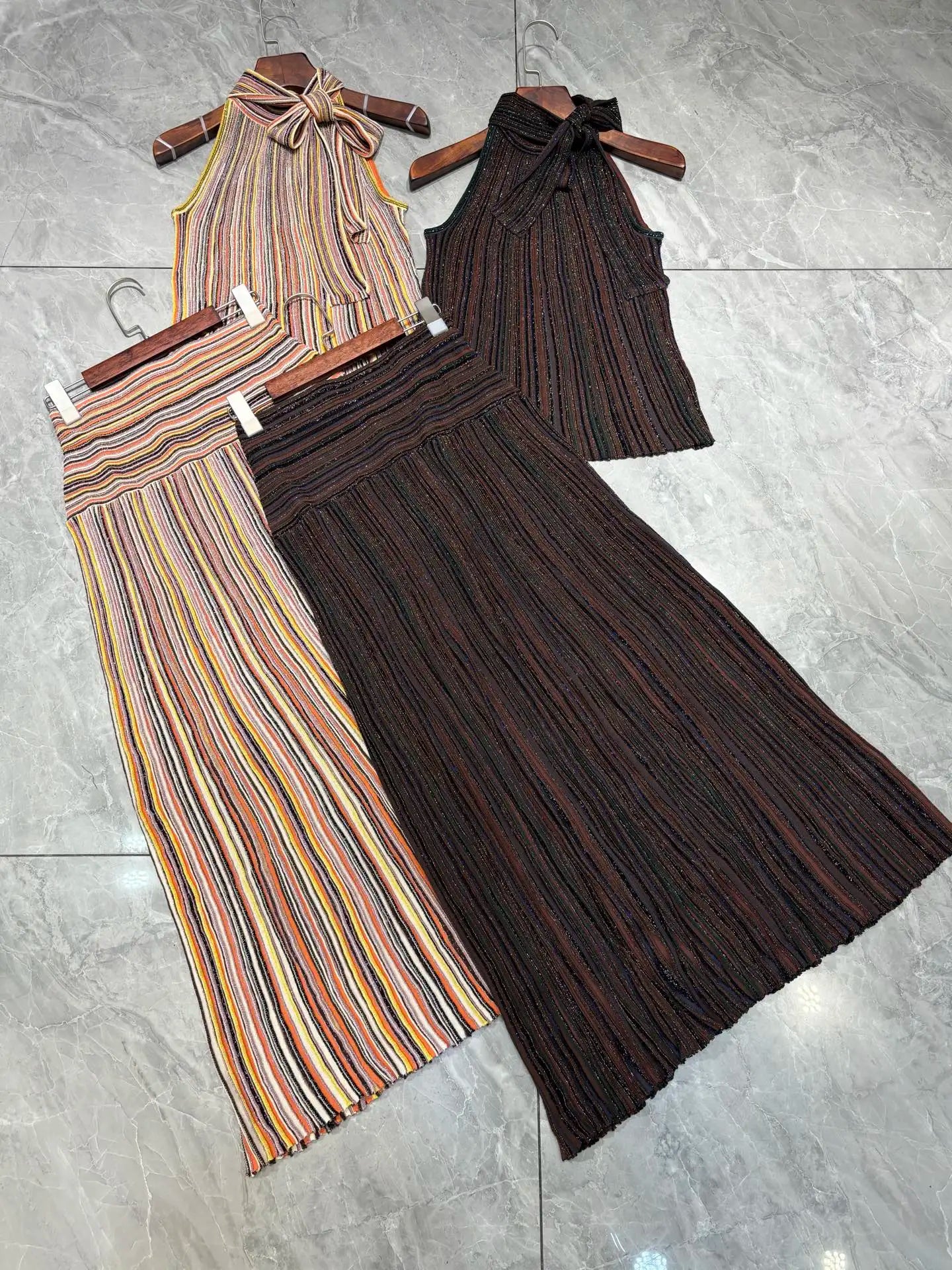 Women's Sequin Striped Knit Vest and Skirt Set