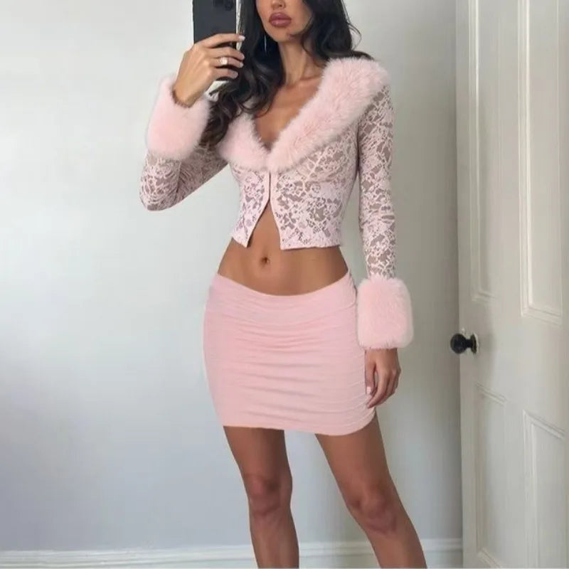 Women's Y2K Furry Crop Top and Mini Skirt Set