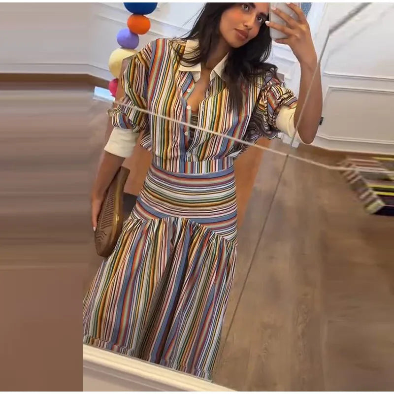 Women's Striped Shirt and Pleated Maxi Skirt Set