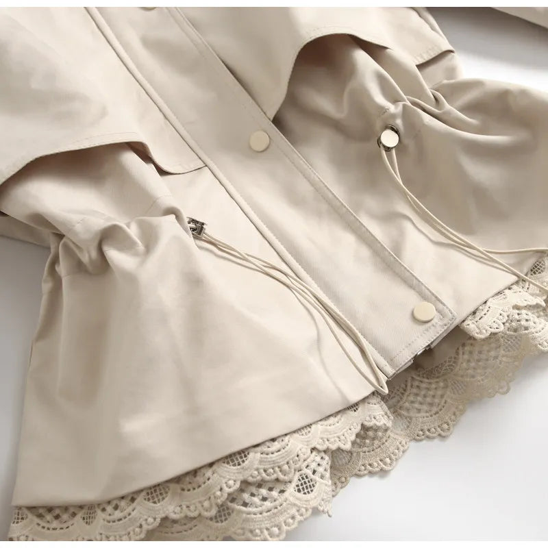 Women's Lace Trim Stand Collar Trench Coat