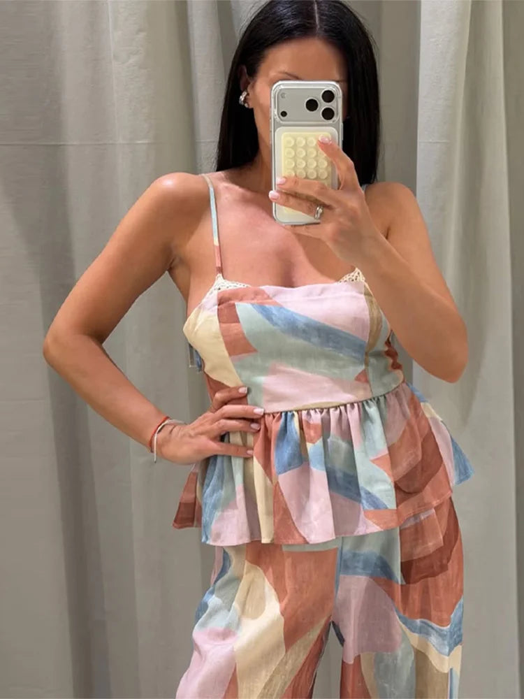 Women's Pastel Print Cami Top and Wide Leg Pants Set