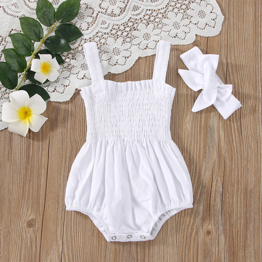 Citgeett Summer Infant Baby Girls Jumpsuit Outfit Solid Color Casual Sleeveless Suspender Jumpsuit Headband Clothes