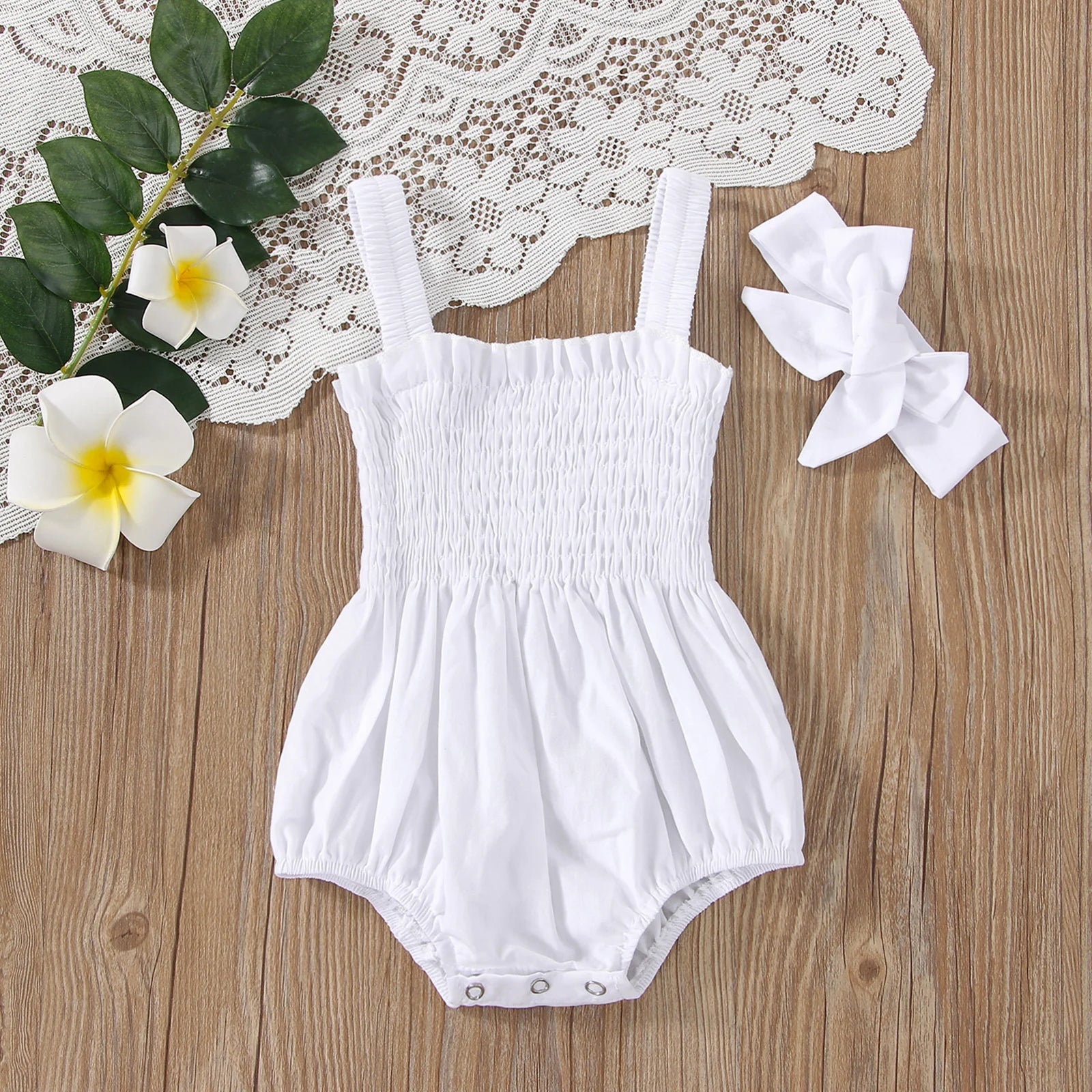 Citgeett Summer Infant Baby Girls Jumpsuit Outfit Solid Color Casual Sleeveless Suspender Jumpsuit Headband Clothes