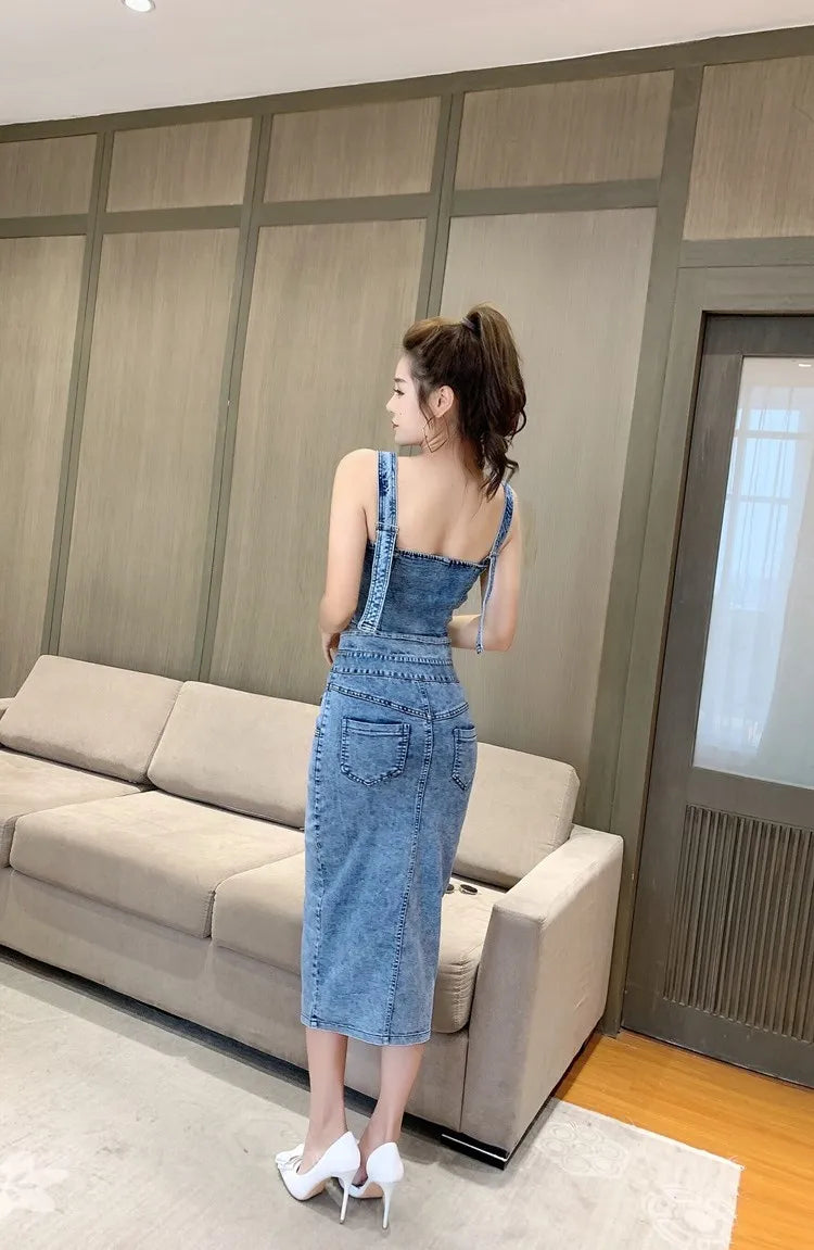 Women's Denim Top and Midi Skirt 2-Piece Set