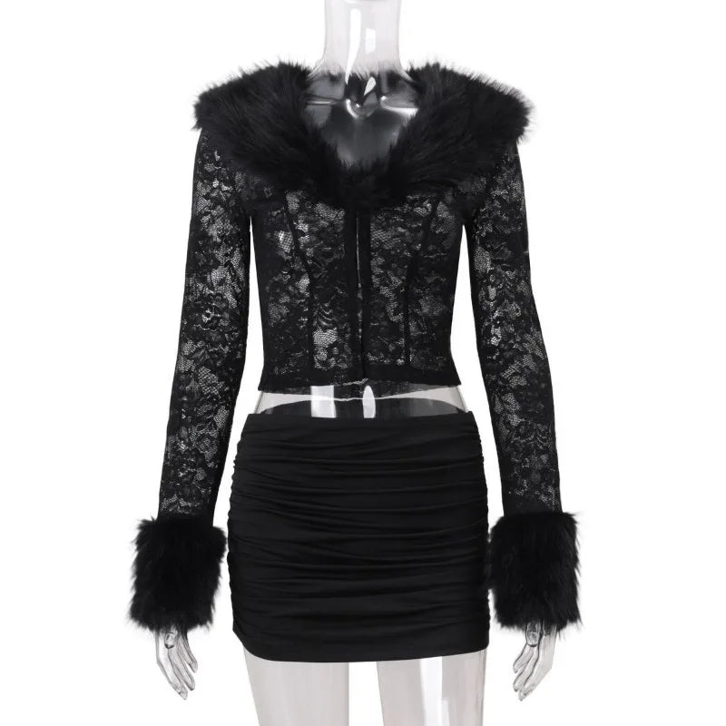 Women's Y2K Furry Crop Top and Mini Skirt Set