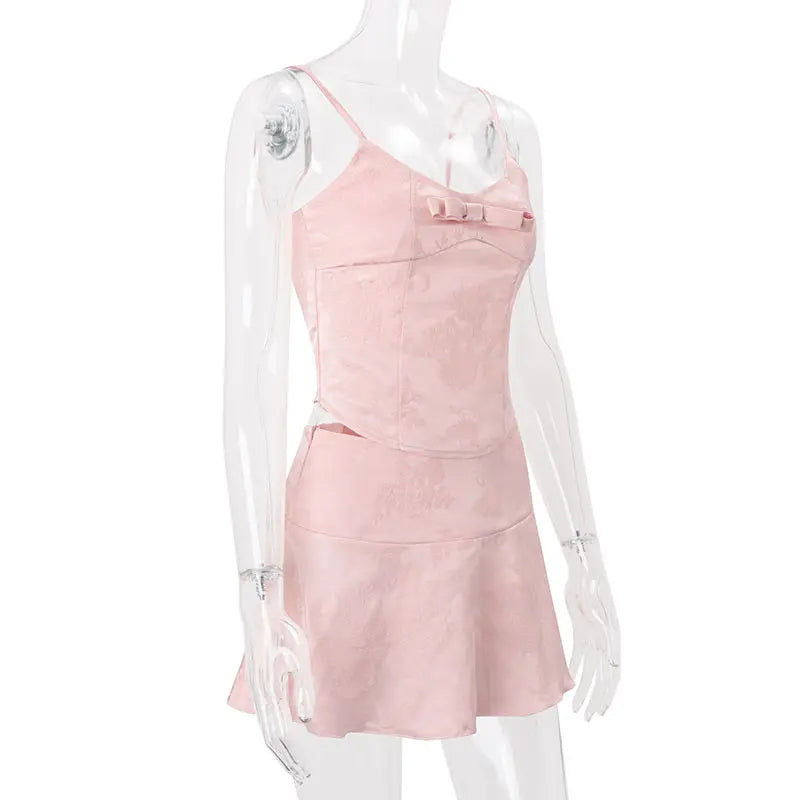 Women Skirt Set Spaghetti Strap Sleeveless Cinched Waist Corset Top High Waist Lace Hem Mini Skirt Slimming Chic Suit For Ladies