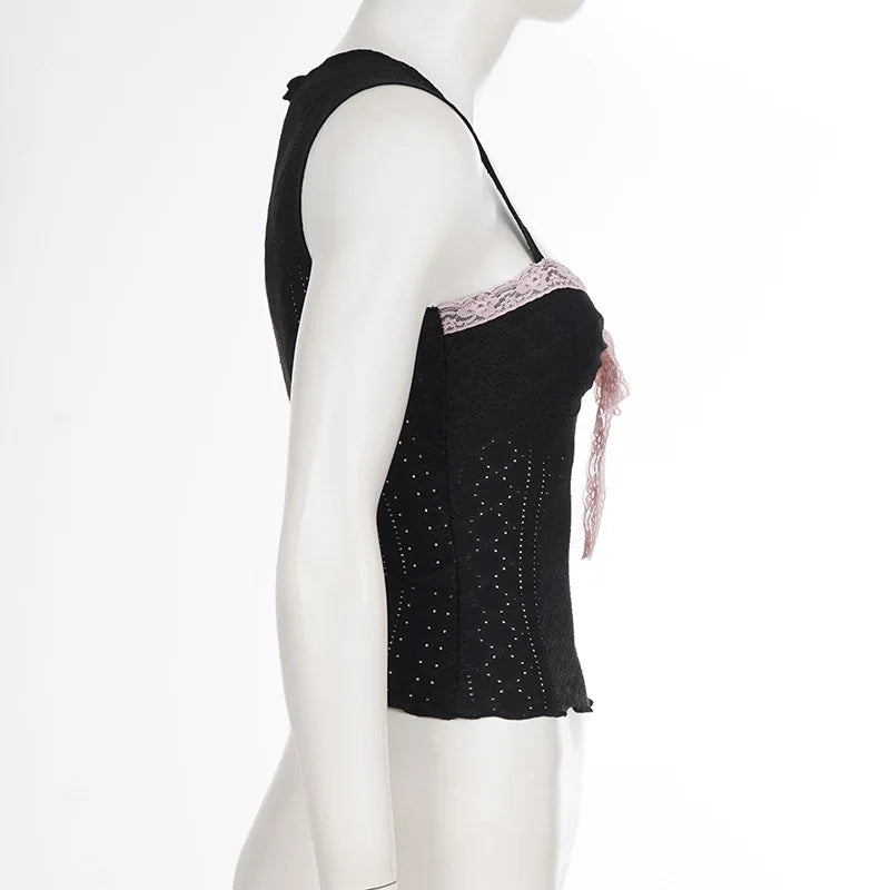 Sweet Lace Bow Knit Tank Top Women Spring Summer Coquette Y2K Sleeveless Crop Top Sexy Cute Cami Top Korean Style Vest