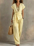 Fashion New Women Cotton Linen 2 Piece Outfit V Neck Tie Waist Short Sleeve Top Long Wide Leg Pants Loose Casual Summer Suit