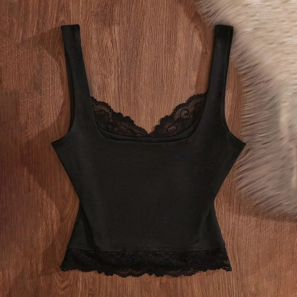 Ins Style Sleeveless Slim Lace Crop Top Solid Color V-neck Lace Sling Tank Bottoming Shirt Patchwork Spaghetti Y2k Top Summer