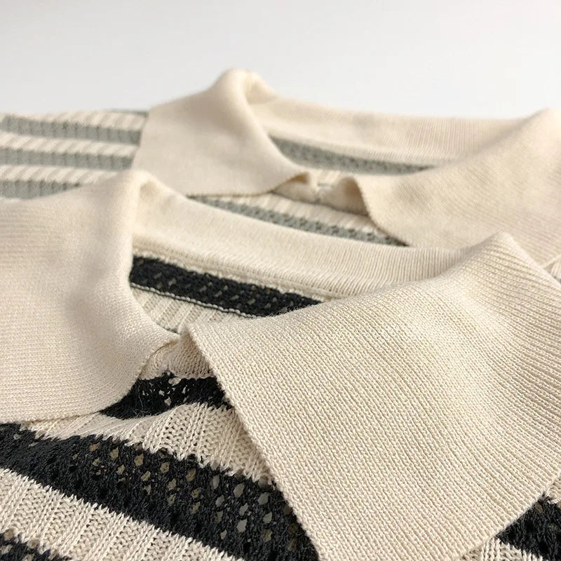 Spring and Summer Japanese Korean 1-6Y Children's Hollow Knitted Shirts Stylish Girl's Boy's Striped Short Sleeved T-shirts