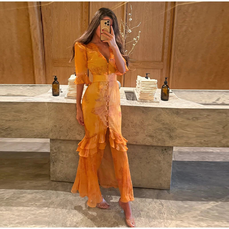 Women's Floral Puff Sleeve Maxi Dress