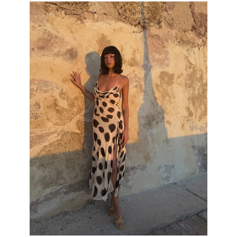 Women's Dot Print Long Sleeve Split Midi Dress
