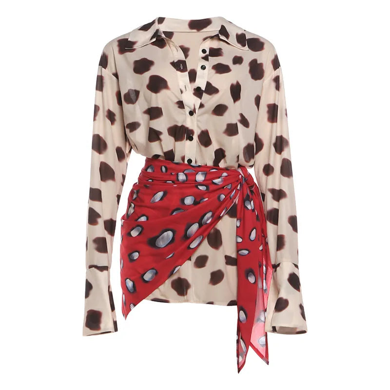Retro Polka Dot Shirt Dress Set with Scarf