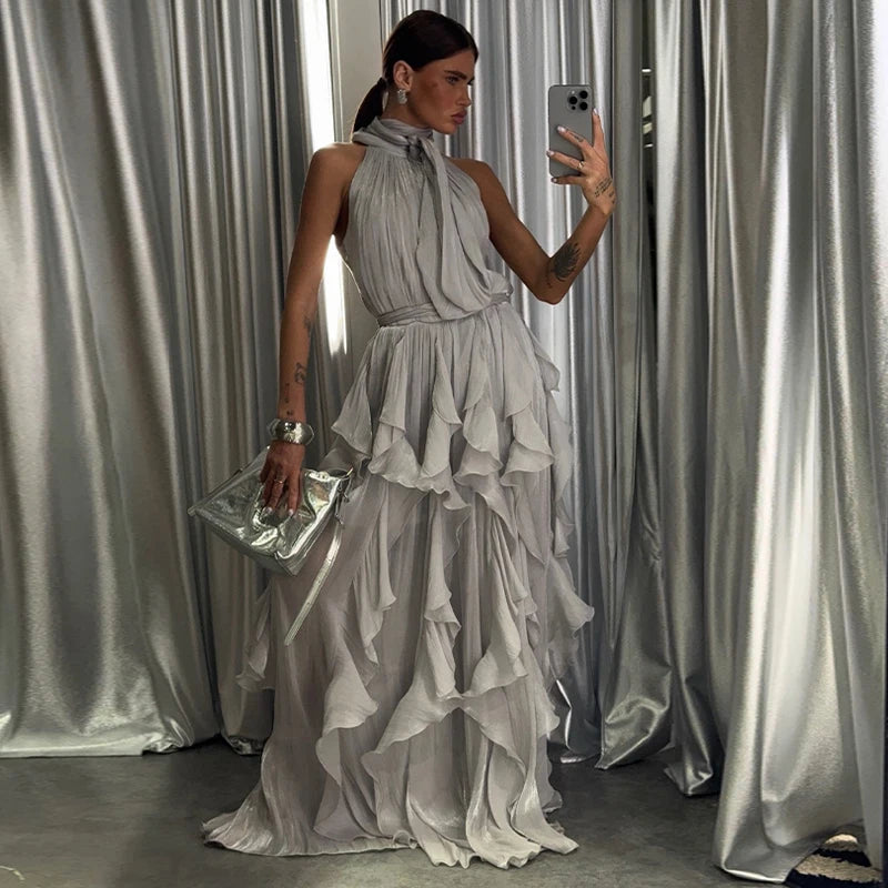 Women's Cascading Ruffle Lace-Up Long Dress