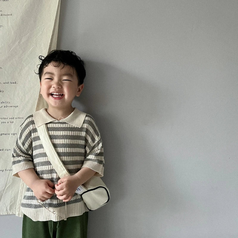Spring and Summer Japanese Korean 1-6Y Children's Hollow Knitted Shirts Stylish Girl's Boy's Striped Short Sleeved T-shirts