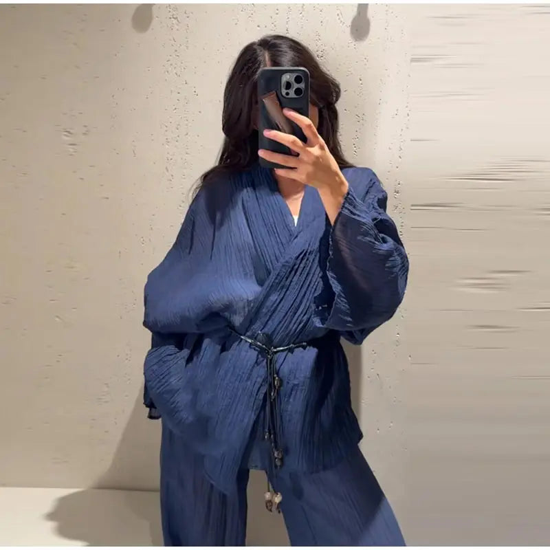 Casual Pleated Cardigan Pants Set V-neck Drop Shoulder Flared Sleeves Belt Waist Shirt Wide Leg Pants 2026 Chic Lightweight Sets