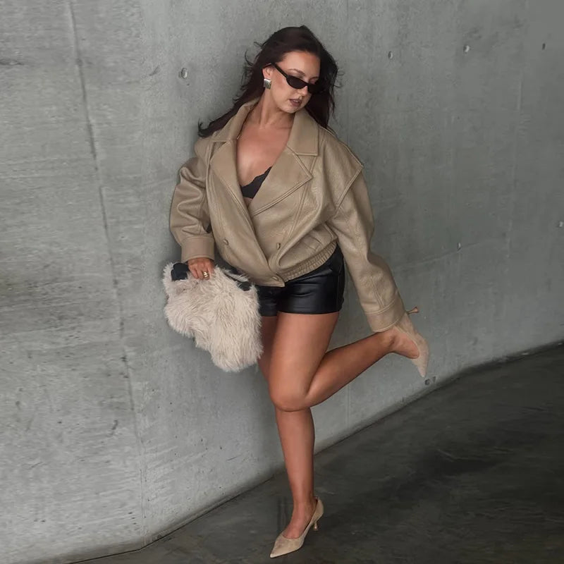 Casual Solid Pu Jackets Women Fashion Loose Khaki Lapel Double Breasted Leather Coat Female 2026 Autumn Lady Outwears Chic
