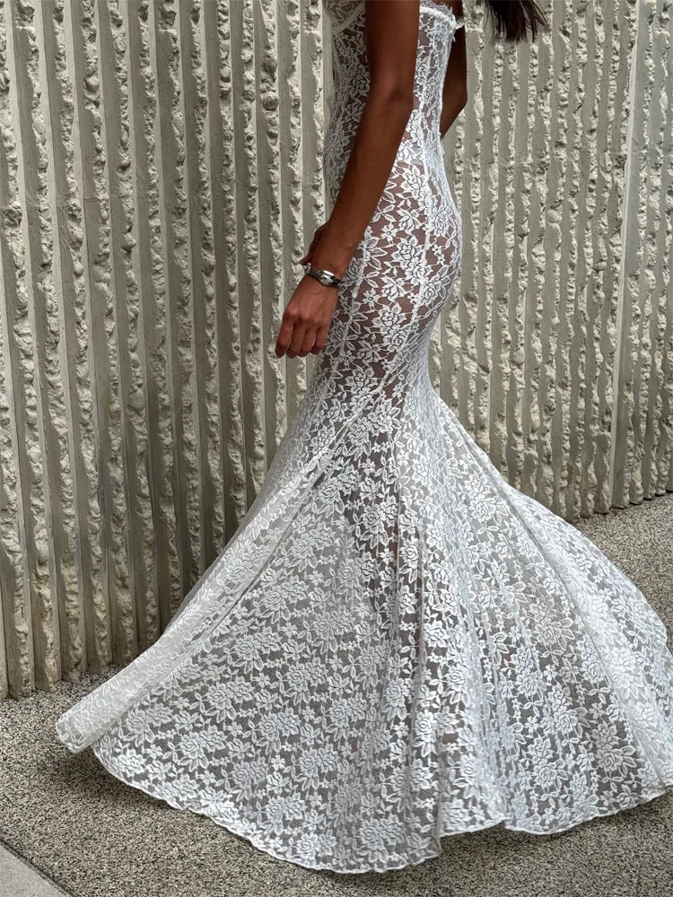 Women's Lace Halter Fishtail Maxi Gown