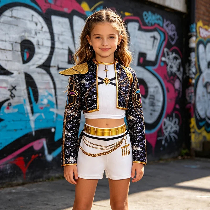 Girls Sequin Hip Hop Dance Outfit Set Crop Top Jacket Shorts with Purple Braid Wig Kids Jazz Stage Costume