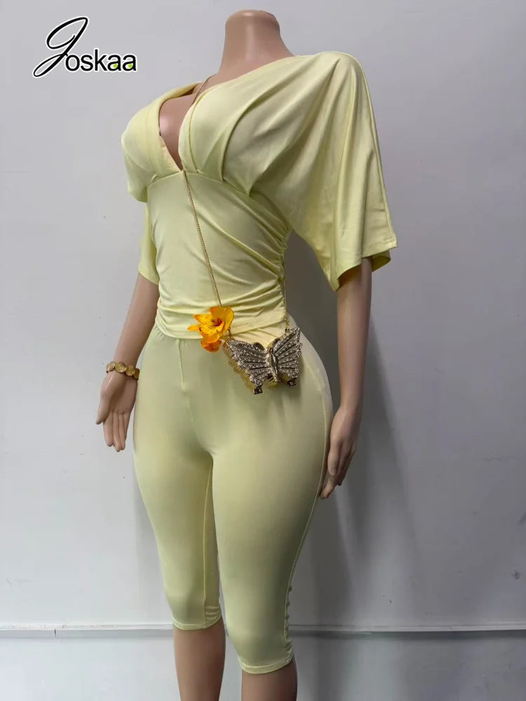 Joskaa Casual Solid 2 Piece Sets Women Sexy V-Neck Ruched Half Sleeve Top and Tight Cropped Pants Matching Tracksuits Streetwear