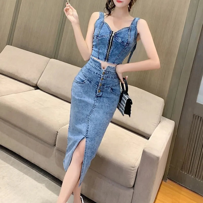 Women's Denim Top and Midi Skirt 2-Piece Set