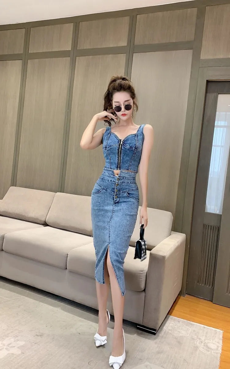 Women's Denim Top and Midi Skirt 2-Piece Set