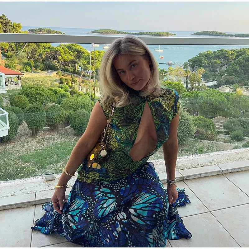 Jungle Butterfly Print High Slit Midi Dress