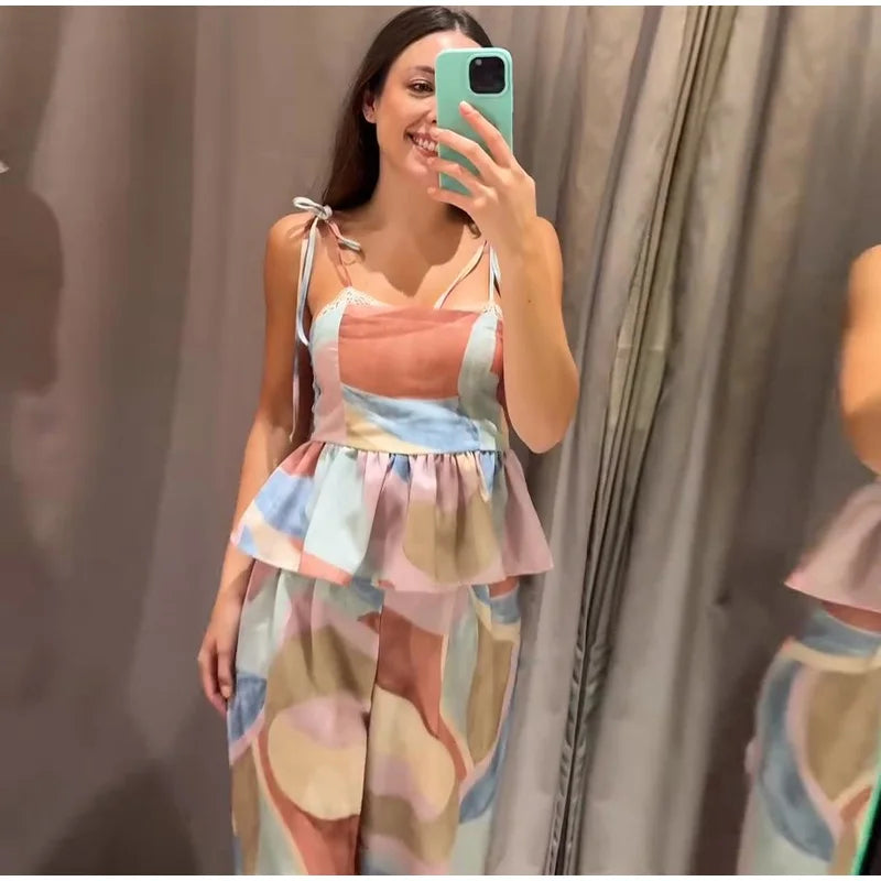 Women's Pastel Print Cami Top and Wide Leg Pants Set