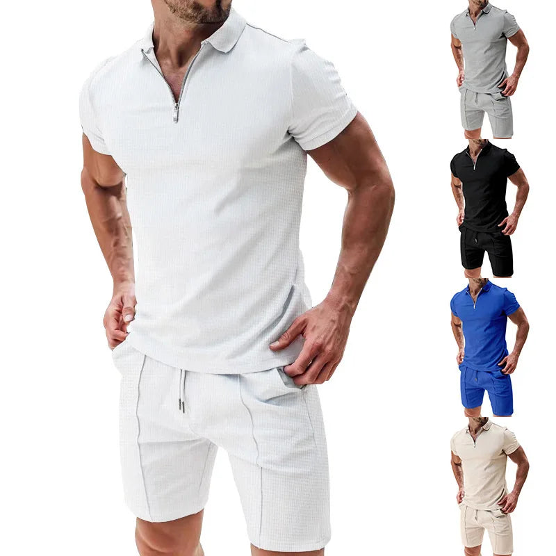 2026 Men Europe and the United States new summer Waffle solid color zip-up lapel short-sleeve suit shorts two sets
