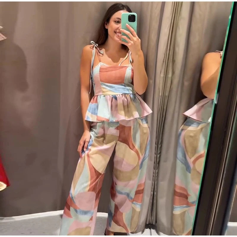 Women's Pastel Print Cami Top and Wide Leg Pants Set
