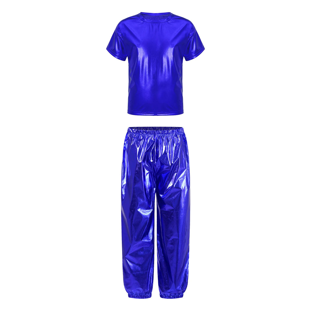 Kids Girls Boys Fashion Clothes Set Metallic Shiny T-shirt with Pants Suit for Jazz Hip Hop Street Dance Performance Costume