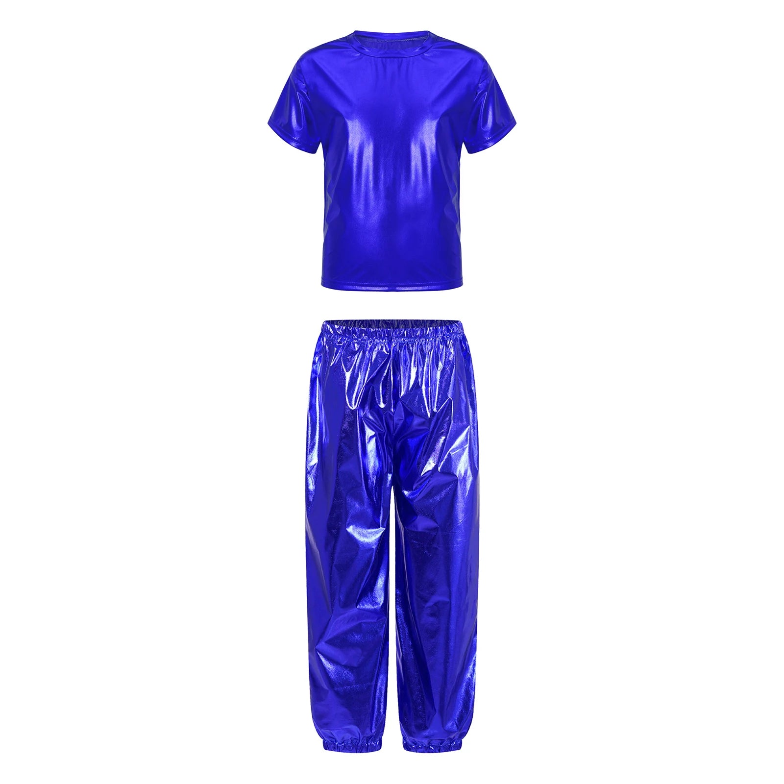 Kids Girls Boys Fashion Clothes Set Metallic Shiny T-shirt with Pants Suit for Jazz Hip Hop Street Dance Performance Costume