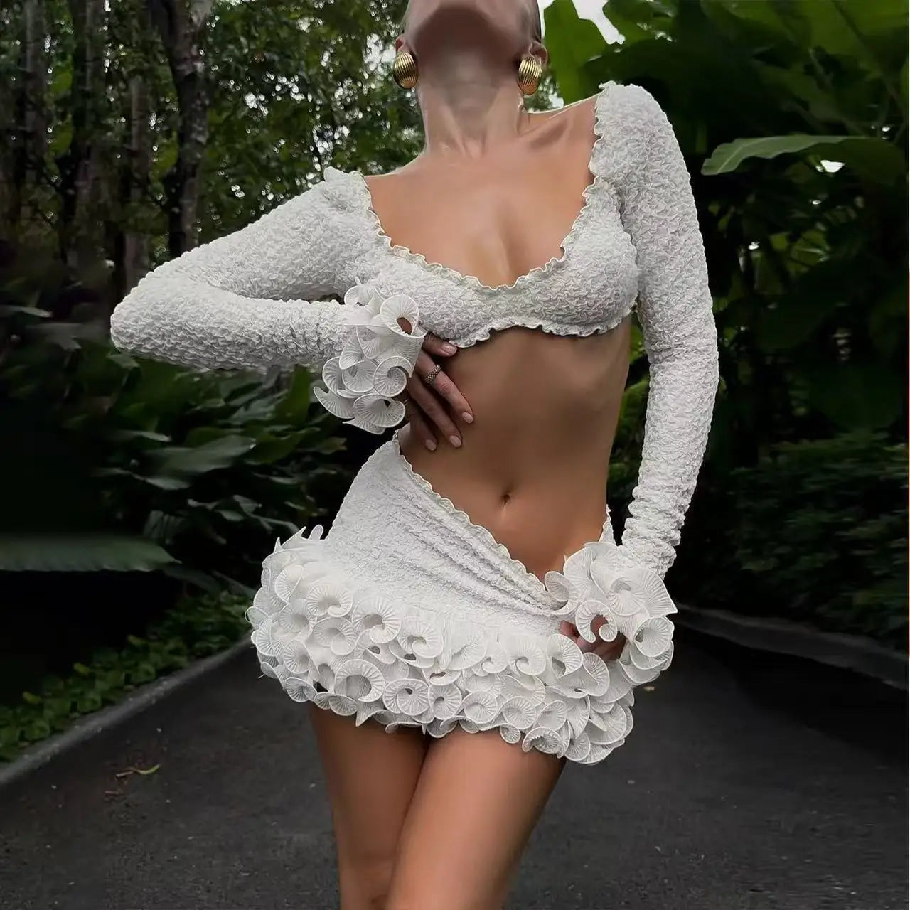 Women's White Ruffle Crop Top and Skirt Set