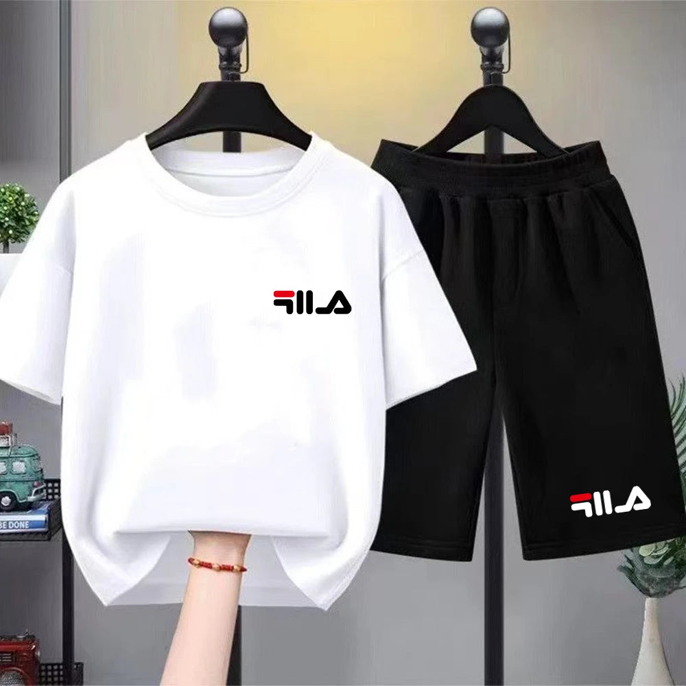 Summer Brand White T-shirt+Shorts Two-Piece Set Kids New Clothing Fashion Boy Girl 3-12 Yrs Sports Short-Sleeved Casual Set