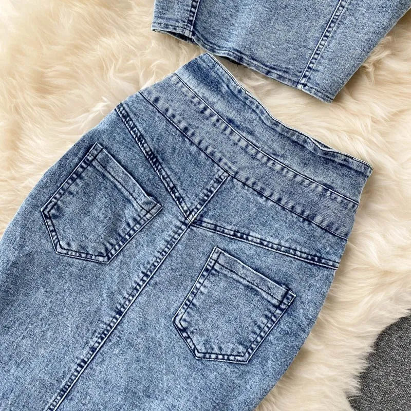 Women's Denim Top and Midi Skirt 2-Piece Set