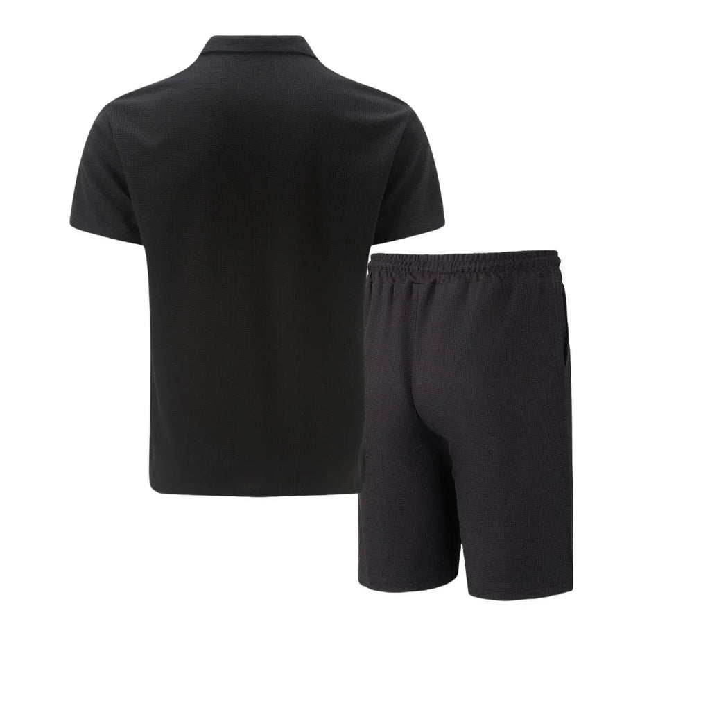 Men's Summer Waffle Short-Sleeve Suit Shorts Zip-Up Lapel Solid Color Two Sets Europe And US Style 2026