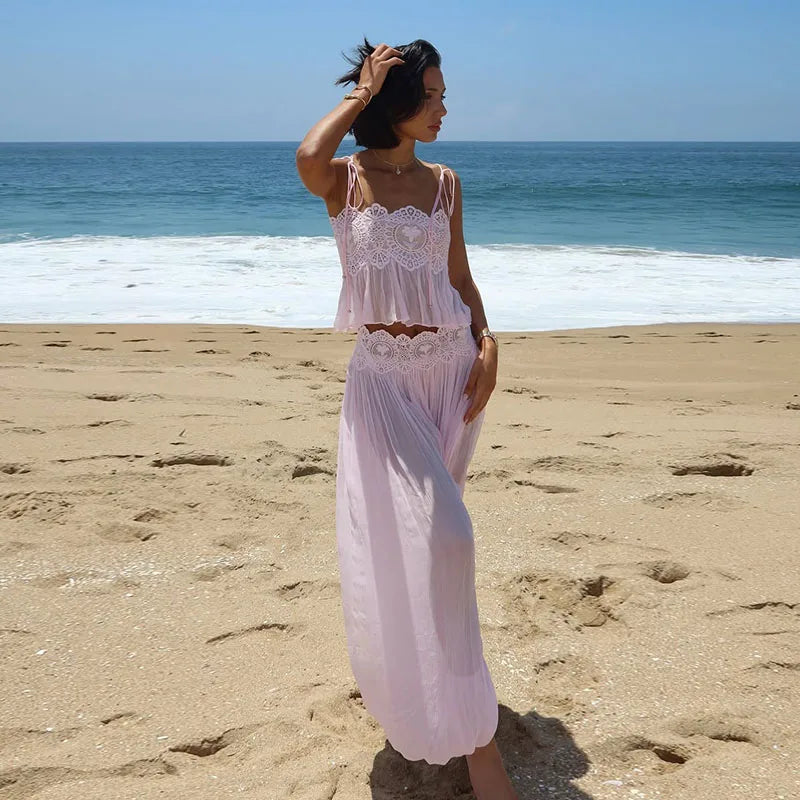 Beach Floral Lace Hollow Out Women Pants Sets 2 Pieces Adjustable Tie Backless Tops Loose Pleated Lantern Pant Summer New Suits