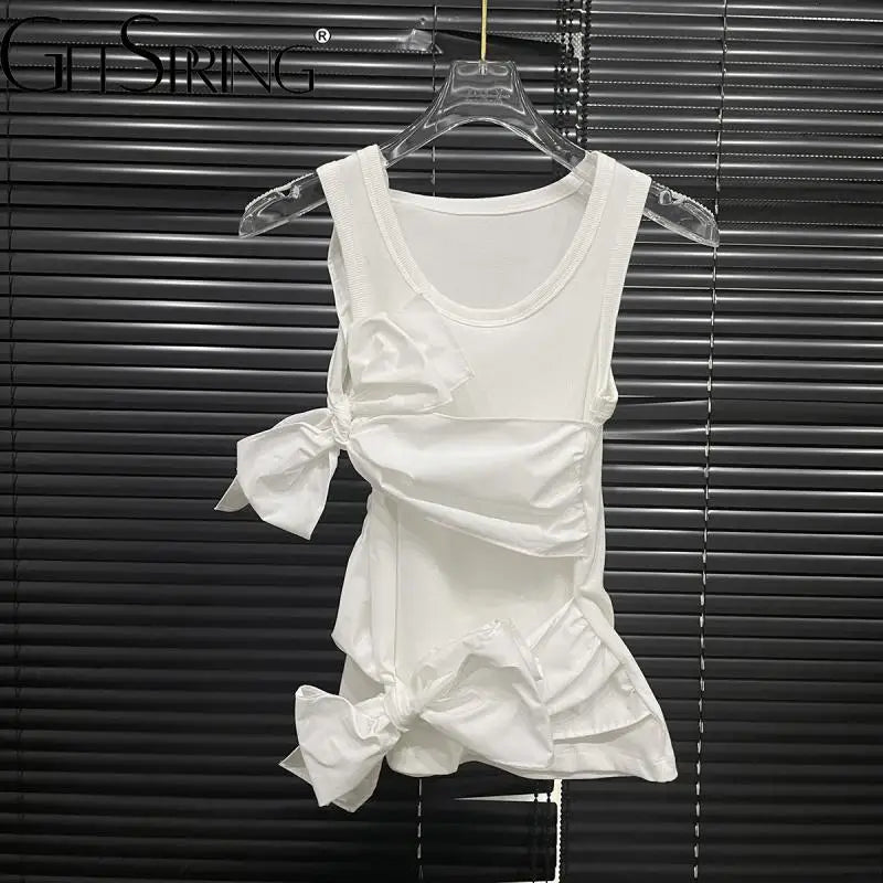 gestring Women Tanks 2025 Spring Summer Three Dimensional Bow Decorative Sleeveless Slim White Tops All Match Fashion Vest New