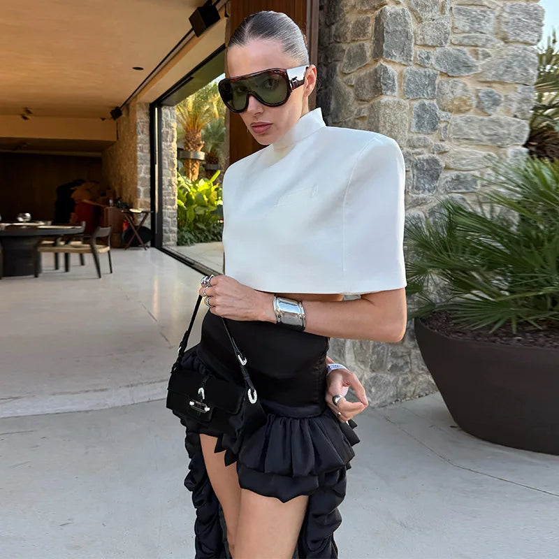 Women's Cape Crop Top and Pleated Mini Skirt Set
