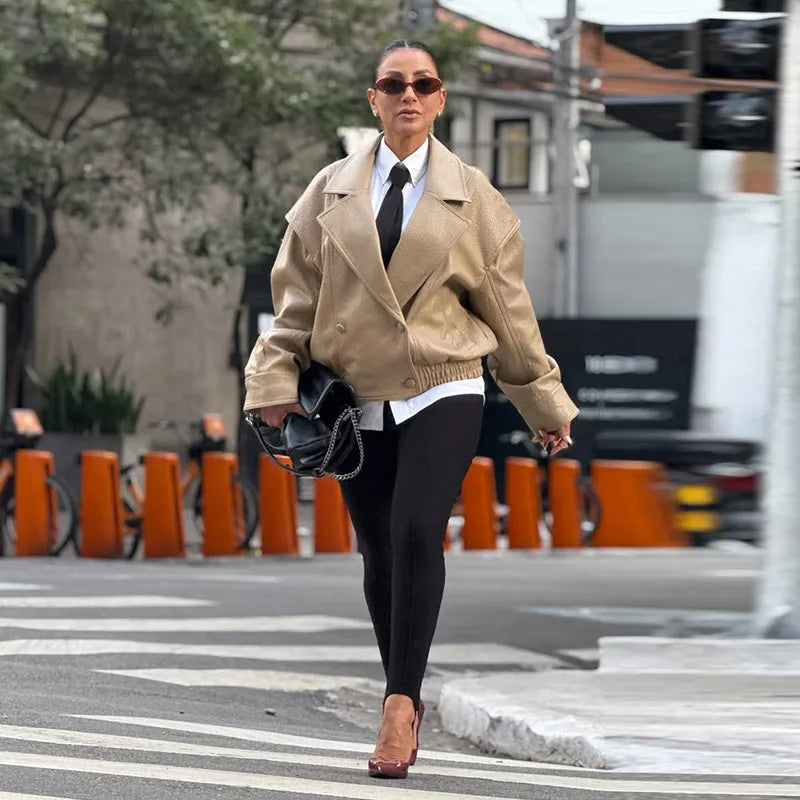 Casual Solid Pu Jackets Women Fashion Loose Khaki Lapel Double Breasted Leather Coat Female 2026 Autumn Lady Outwears Chic