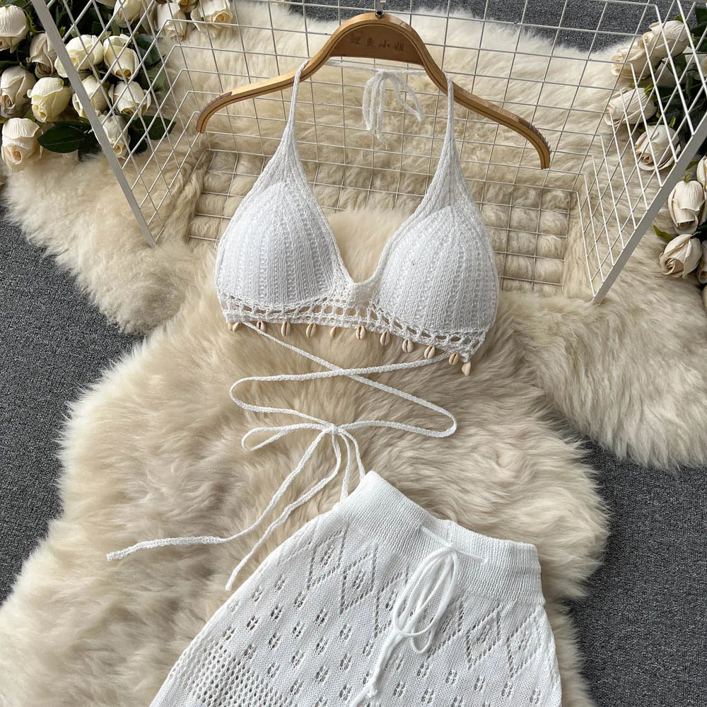 SINGREINY Women Summer Design Knitted Set Sexy Backless Halter Short Tops+Chic Hollow Knitted Wide Leg Long Pants Two Piece Suit