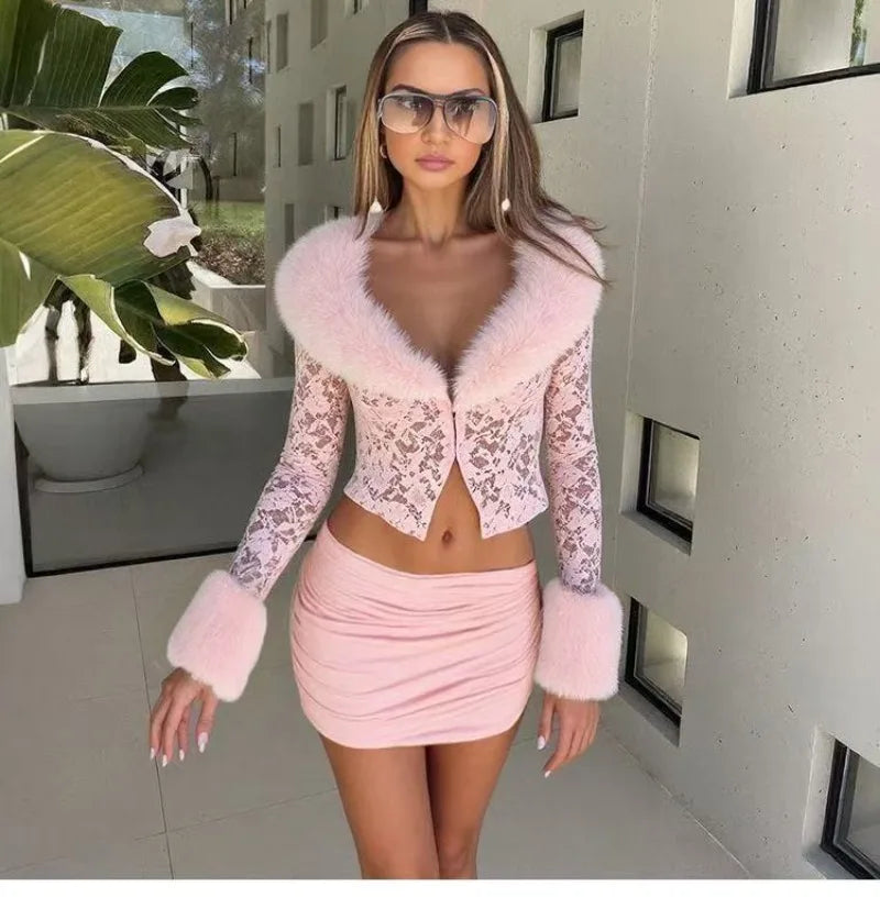 Women's Y2K Furry Crop Top and Mini Skirt Set