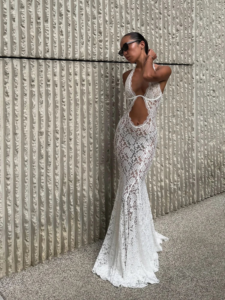 Women's Lace Halter Fishtail Maxi Gown