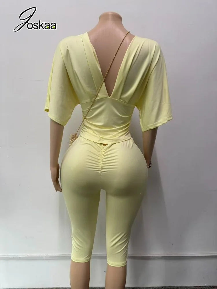 Joskaa Casual Solid 2 Piece Sets Women Sexy V-Neck Ruched Half Sleeve Top and Tight Cropped Pants Matching Tracksuits Streetwear