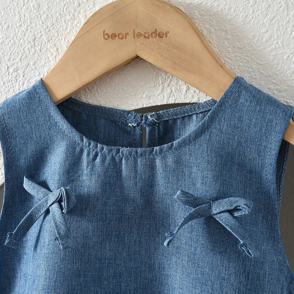 Blue Summer New Casual Girls' Clothes Round Neck Sleeveless Bow Lace Vest Princess Dress for Girls Aged 3-7 Korean Version