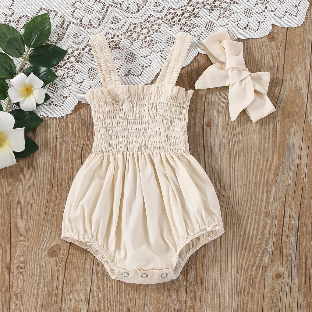Citgeett Summer Infant Baby Girls Jumpsuit Outfit Solid Color Casual Sleeveless Suspender Jumpsuit Headband Clothes